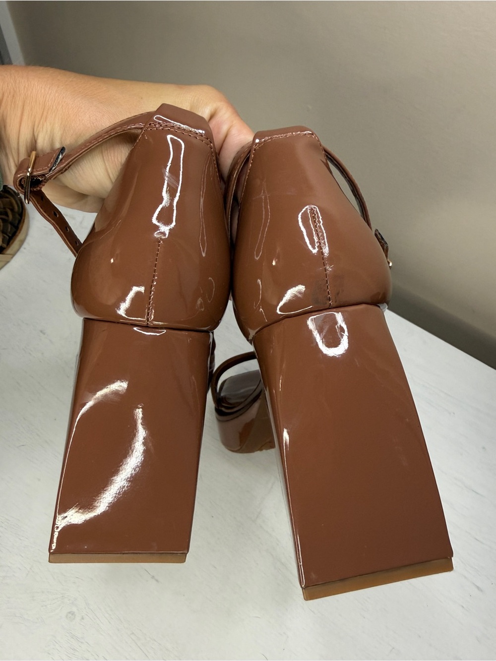 Gianni Bini Brown Say-So Patent Square Toe Ankle Strap Platform Sandals - Picture 11 of 16